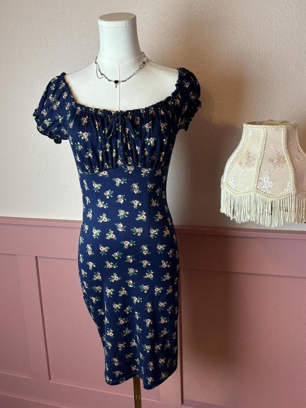 milkmaid cottage boho floral mini dress ultra flirt blue sz small summer
